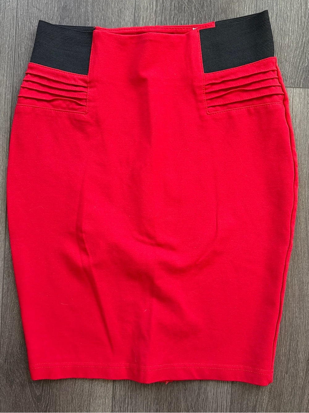 Classic Red Holiday Party Ponte Pencil Skirt Black Waist Panels Sz L